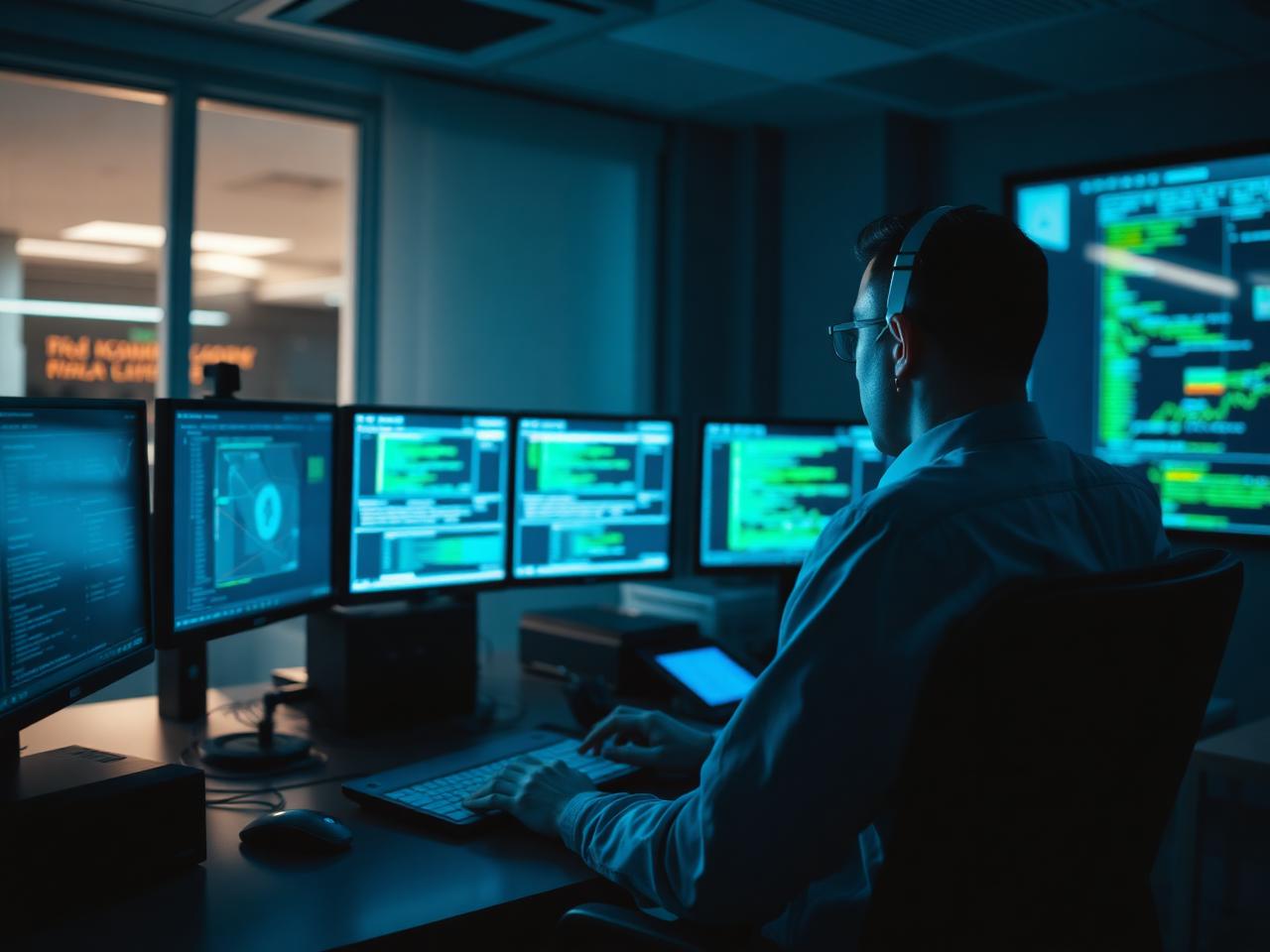 Security analyst reviewing threat monitoring screens in a dark modern office