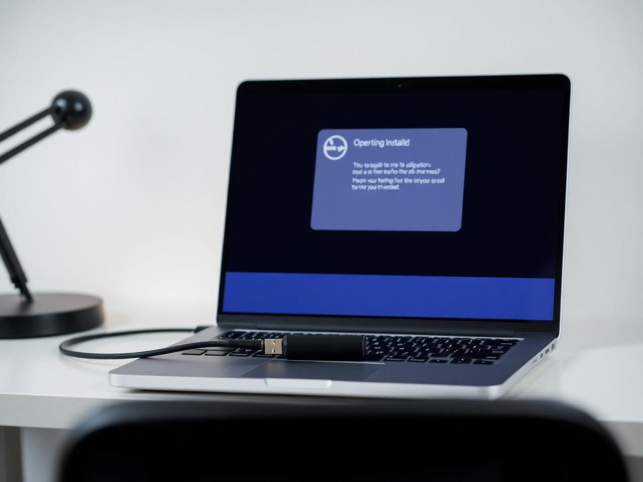 Laptop on a clean desk during an operating system installation